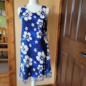 Koko Knot Size S Hibiscus Floral Blue Hawaiian Print Fringe Hem Rayon Dress